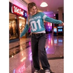 Delia's Whatevs 01 Varsity Graphic Sweatshirt Teal Blue Y2K Crewneck XS USA Made